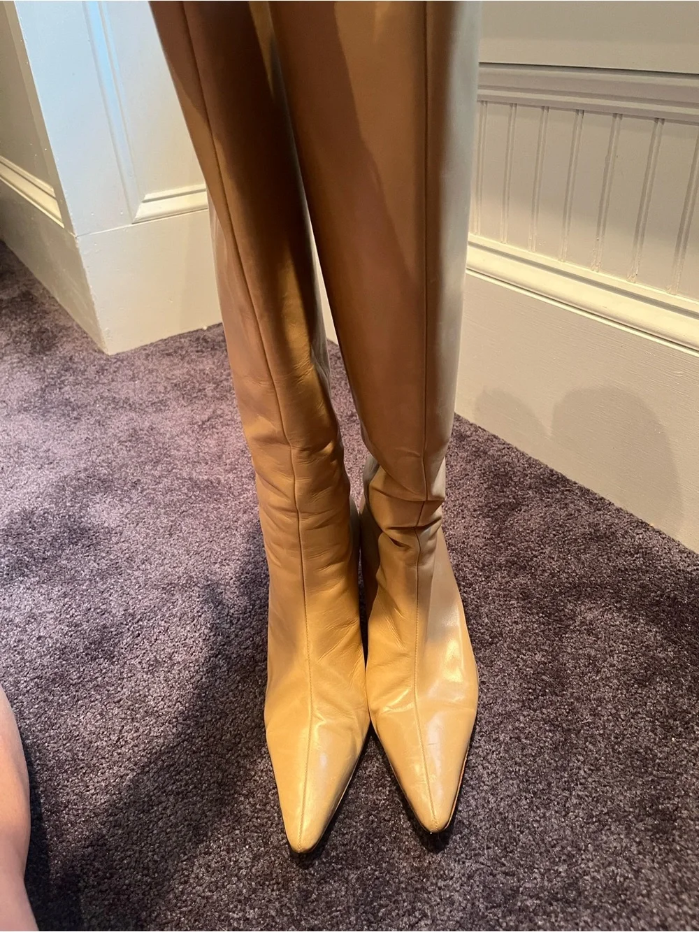 Manolo Blahnik Camel Pointed-Toe Over-the-Knee Leather Boots